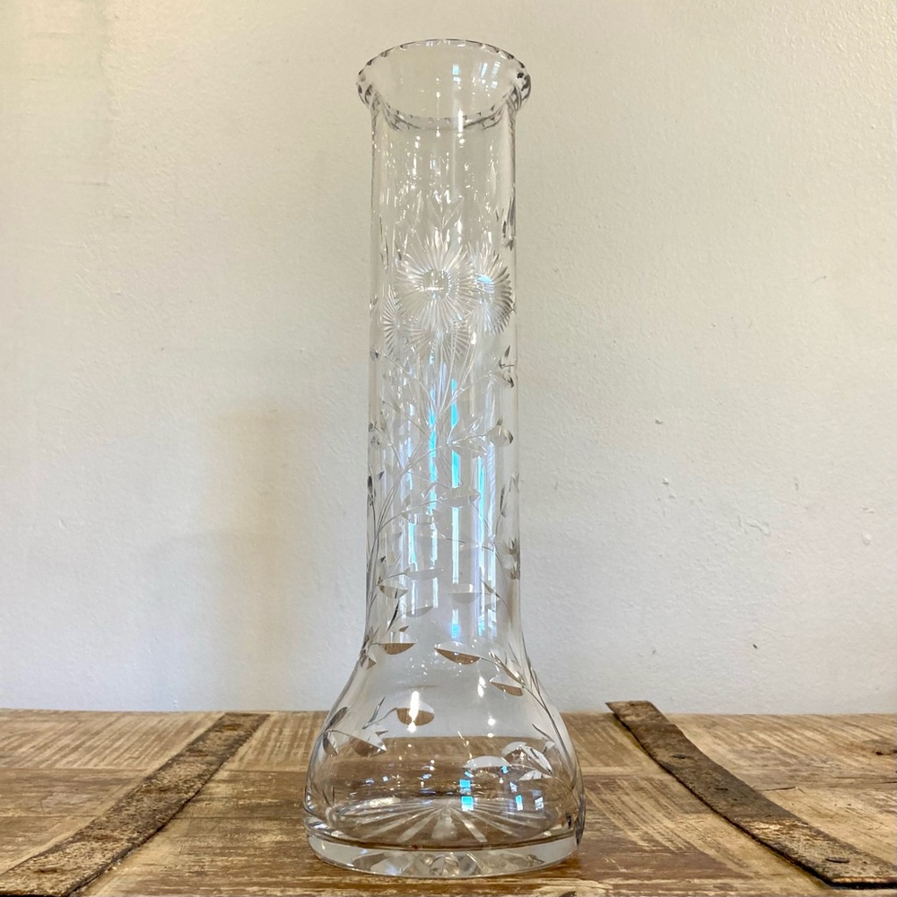 Vintage Etched Glass Vase with Floral Design Starburst Base Cottagecore Decor